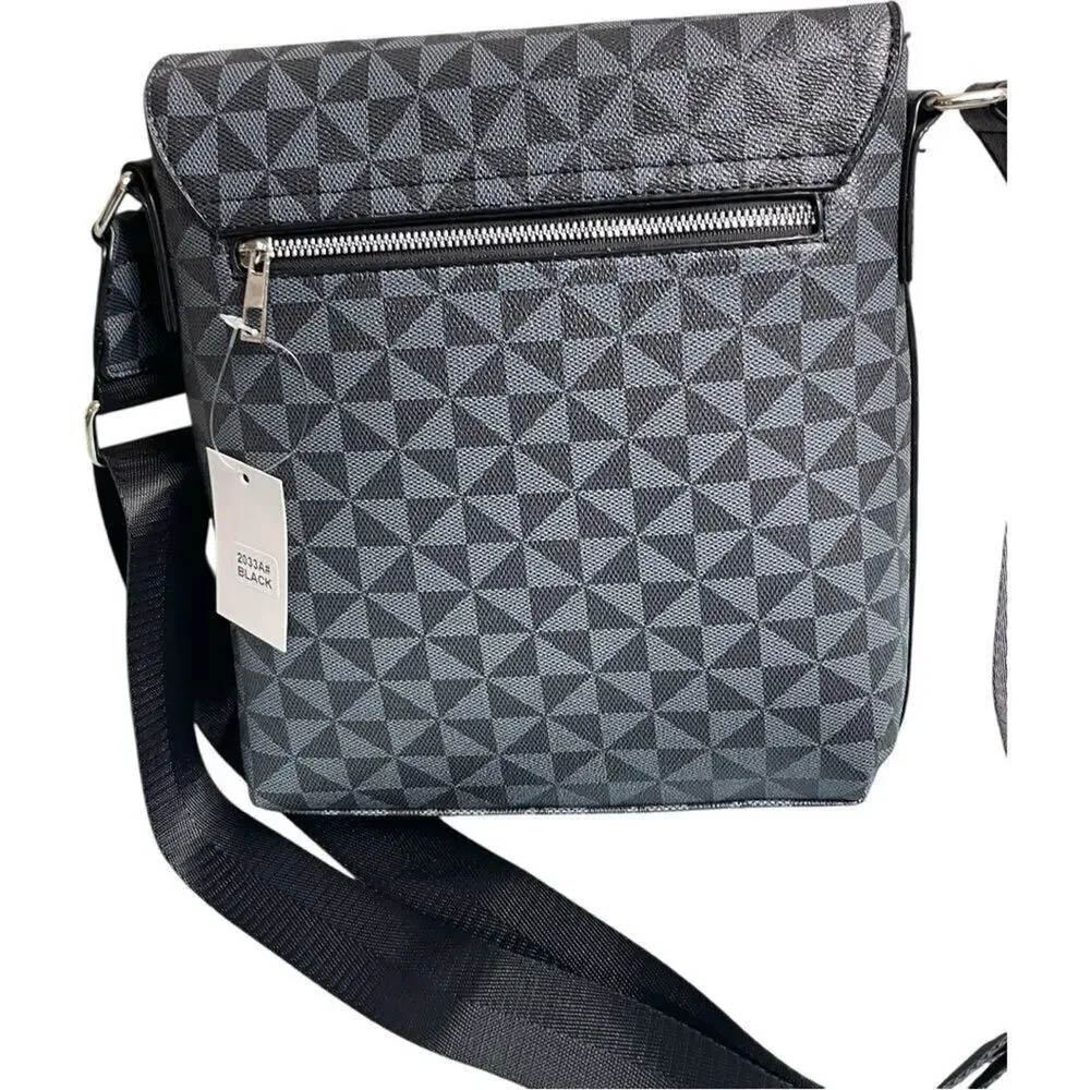 Geometric Pattern Grey and Black Flap Messenger Bag
